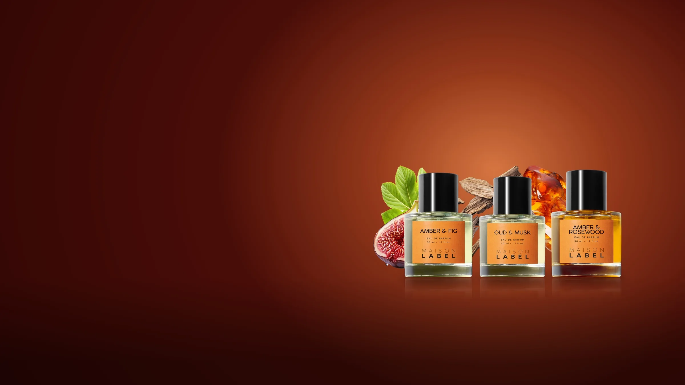 Trois eaux de parfum Maison Label, Amber & Fig, Oud & Musk et Amber & Rosewood, avec figue, bois d'oud et ambre