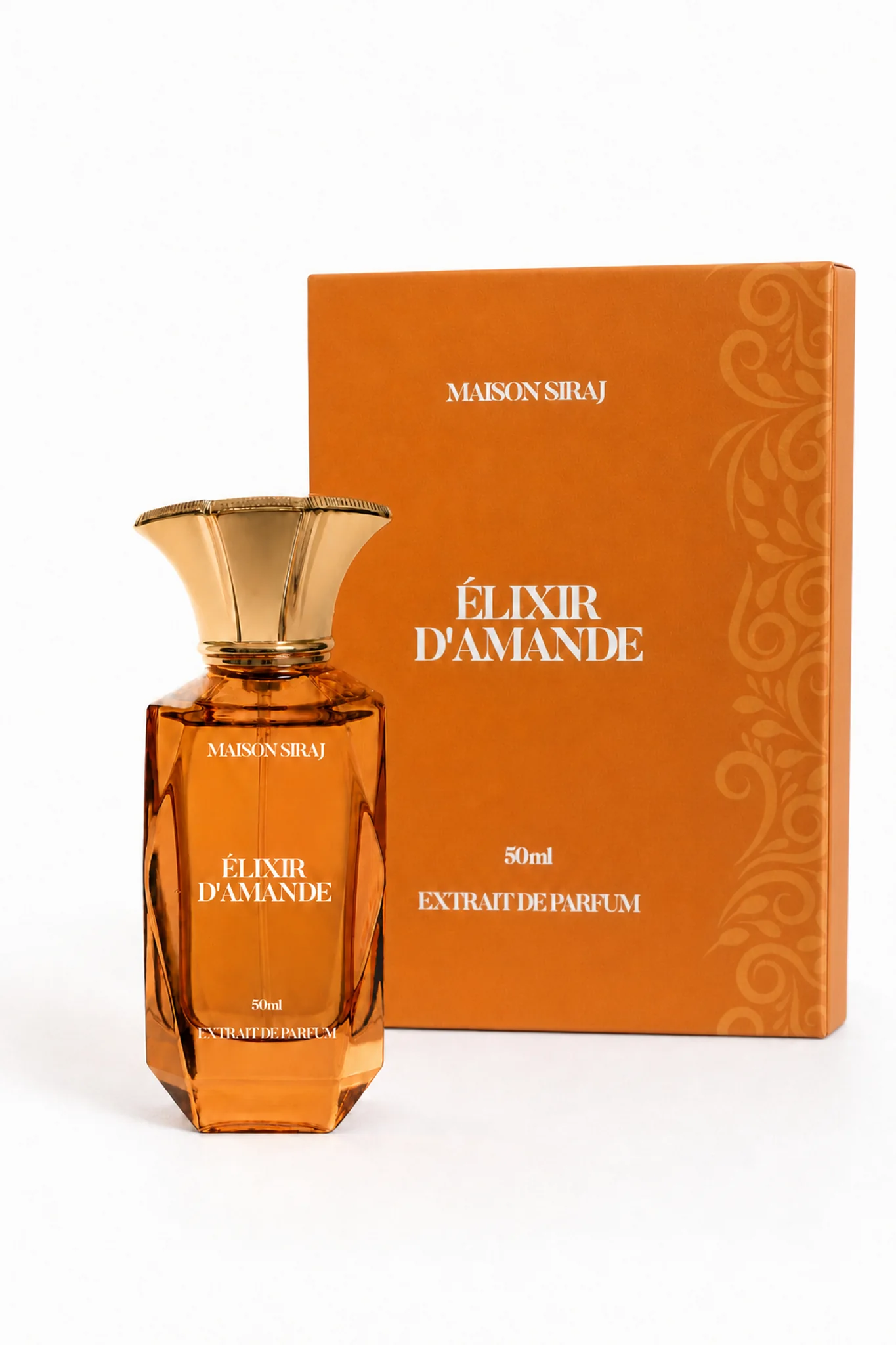 Flacon d'Élixir d'Amande devant son coffret, Maison Siraj