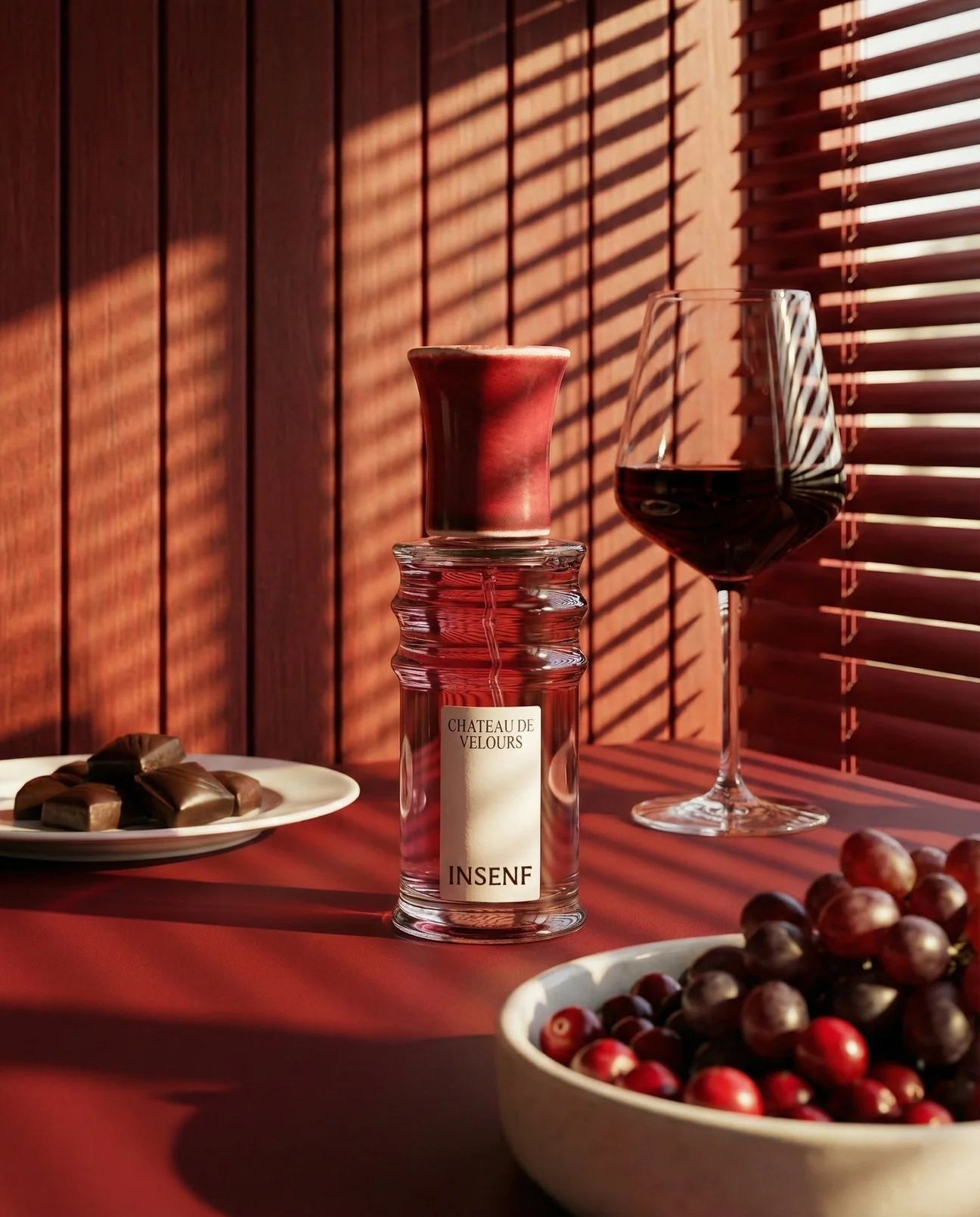 Château de velours en scène, verre de pinot noir, chocolat noir, raisins